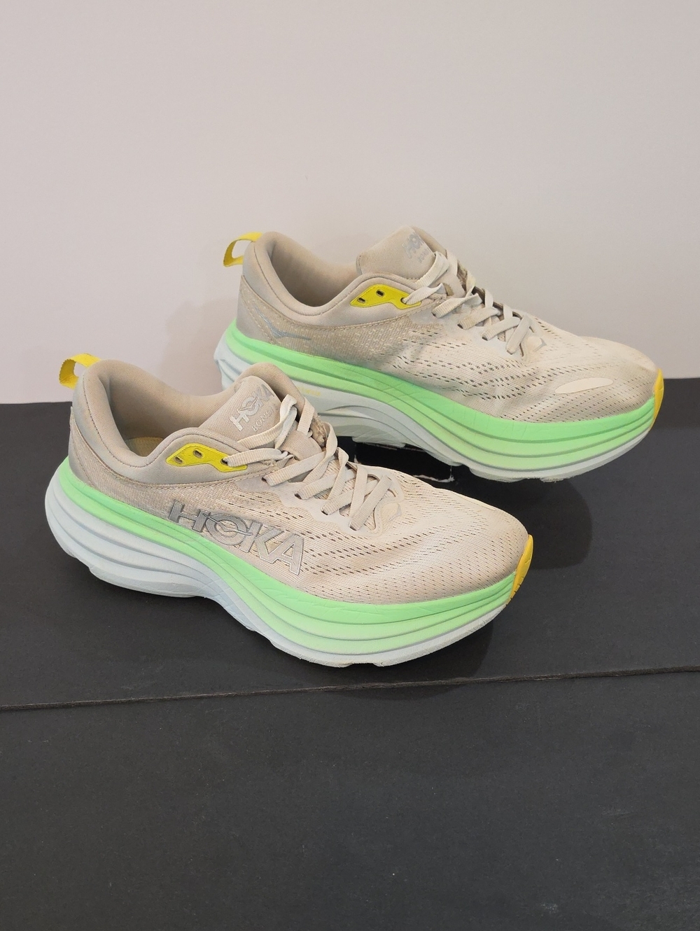 Hoka Bondi 8 Women's Beige Sneakers with Mint and Yellow Accents Size 9